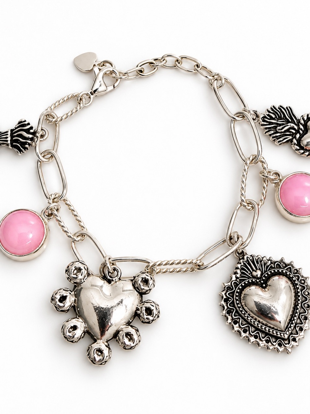 Sterling Silver Pink Charm Bracelet with Heart Pendants